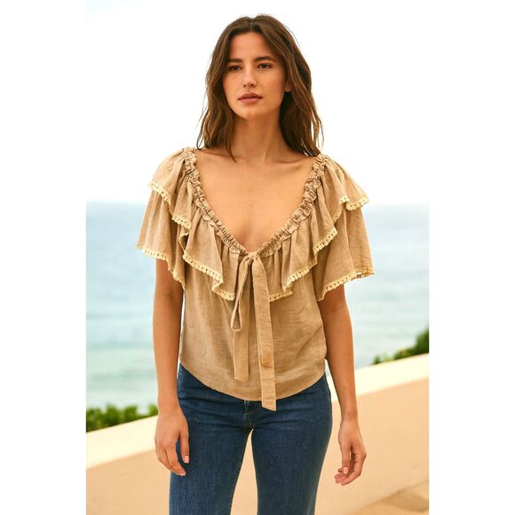 MISA Tan Cottage Prairie Short Sleeve Ruffled Blouson Top   Women's Size Medium - Picture 1 of 9
